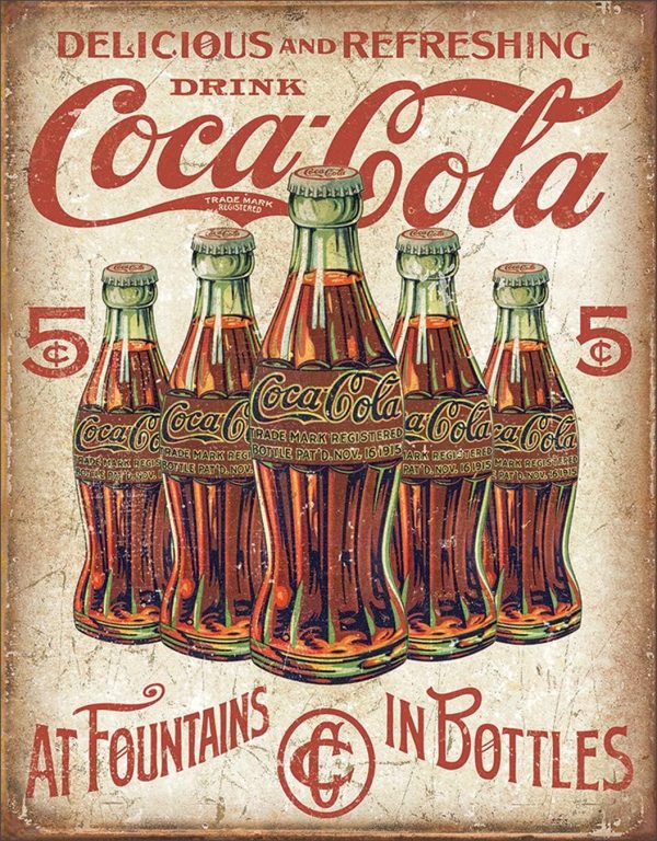 Coca Cola - 5 flasker - metallskilt 32 x 41 cm